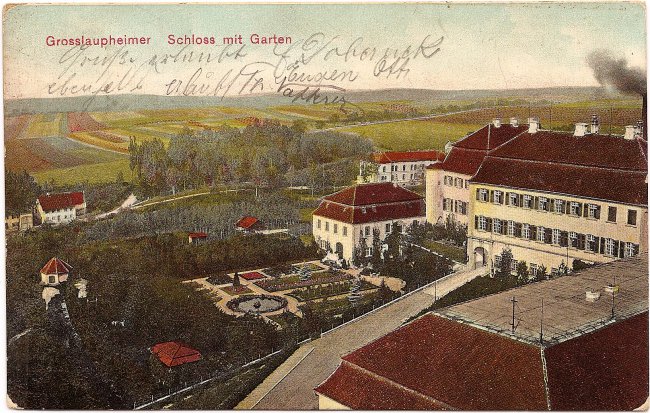 Grosslaupheimer Schloss mit Garten (Vorderseite der Ansichtskarte)