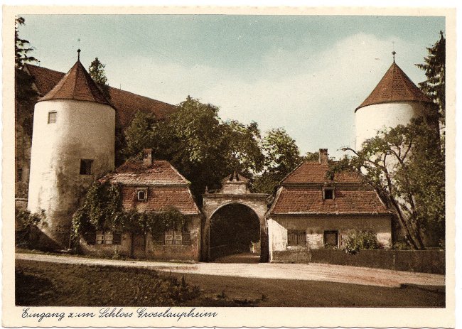 Eingang zum Schloss Grosslaupheim (Vorderseite der Ansichtskarte)