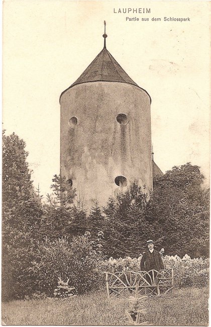 Laupheim Partie aus dem Schlosspark (Vorderseite der Ansichtskarte)