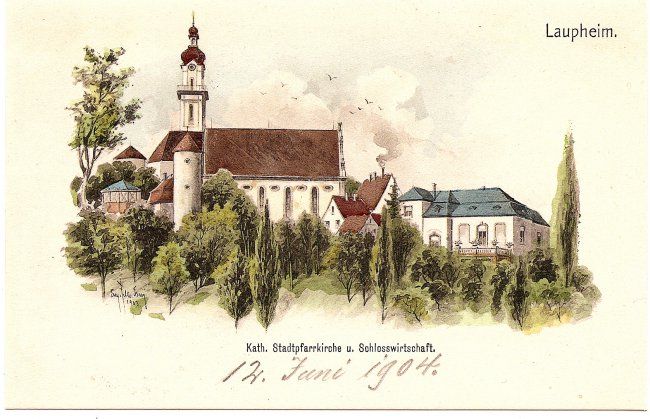 Kath. Stadtpfarrkirche u. Schlosswirtschaft (Vorderseite der Ansichtskarte)