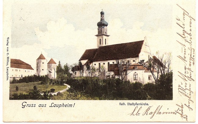 Gruß aus Laupheim Kath. Stadtpfarrkirche (Vorderseite der Ansichtskarte)