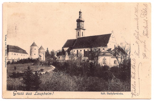 Gruß aus Laupheim Kath. Stadtpfarrkirche (Vorderseite der Ansichtskarte)