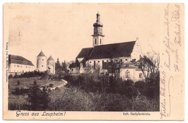 Gruß aus Laupheim Kath. Stadtpfarrkirche (Vorderseite der Ansichtskarte)