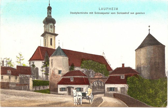 Laupheim Stadtpfarrkirche mit Schlossportal (Vorderseite der Ansichtskarte)
