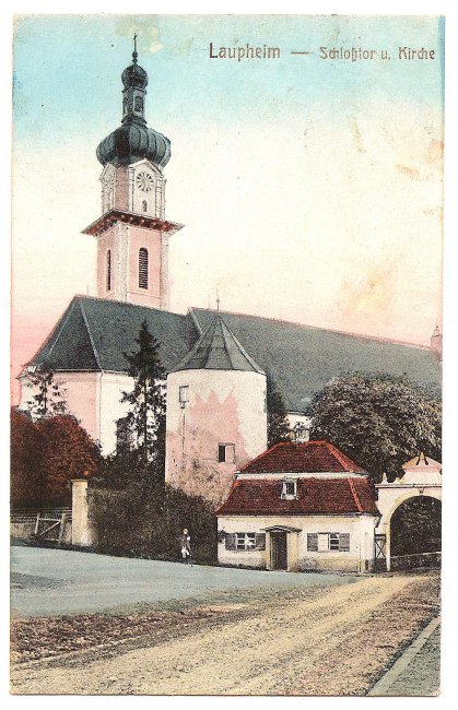 Laupheim - Schloßtor und Kirche (Vorderseite der Ansichtskarte)