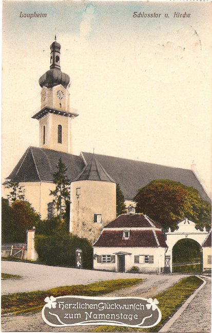 Laupheim Schlosstor und Kirche (Vorderseite der Ansichtskarte)