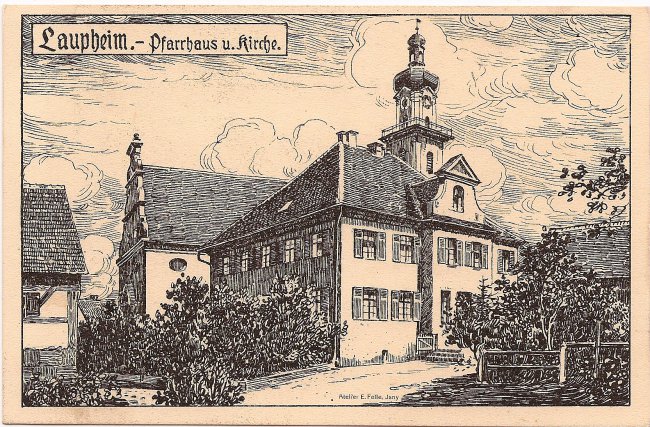 Laupheim. - Pfarrhaus u. Kirche. (Vorderseite der Ansichtskarte)