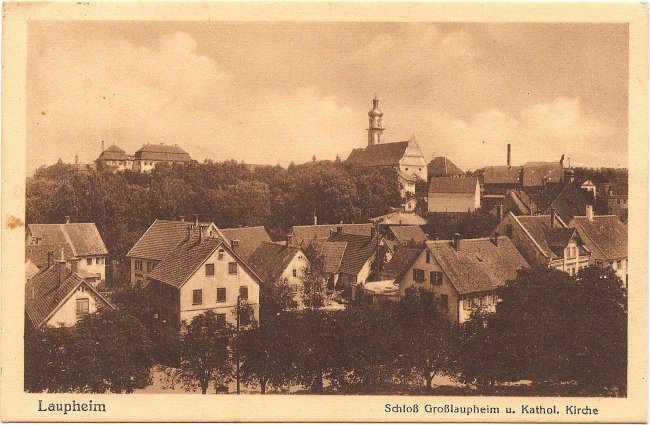 Laupheim Schloß Großlaupheim u. Kathol. Kirche (Vorderseite der Ansichtskarte)