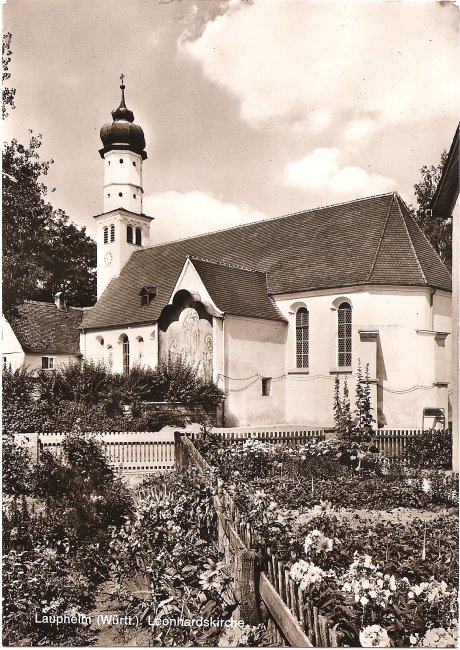 Laupheim (Württ.). Leonhardskirche (Vorderseite der Ansichtskarte)