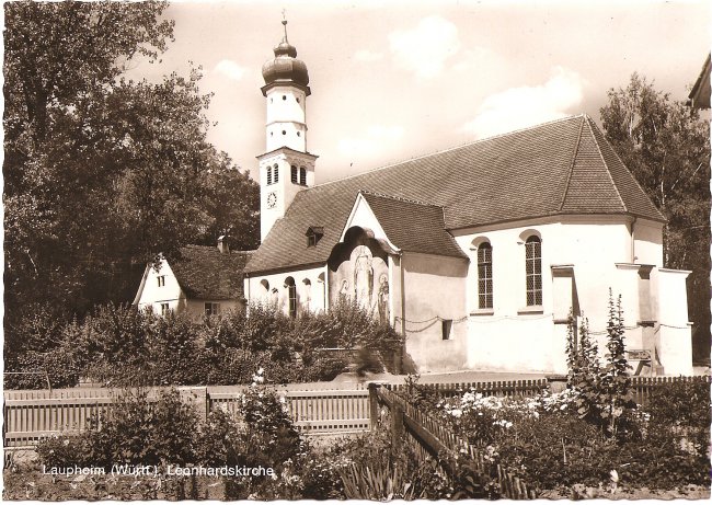 Laupheim (Württ.). Leonhardskirche (Vorderseite der Ansichtskarte)