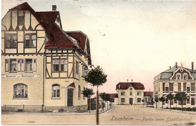 Laupheim - Partie beim Stadtbahnhof (Vorderseite der Ansichtskarte)