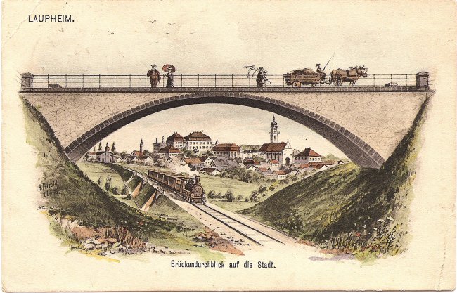 Laupheim  Brückendurchblick auf die Stadt (Vorderseite der Ansichtskarte)