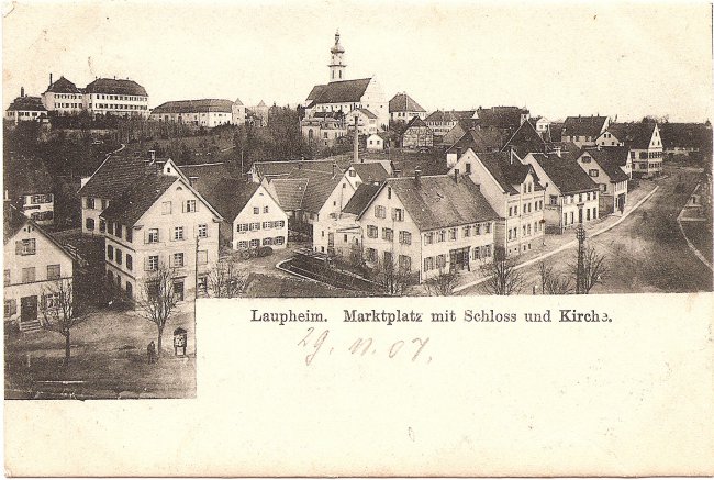 Laupheim, Marktplatz mit Schloss und Kirche (Vorderseite der Ansichtskarte)