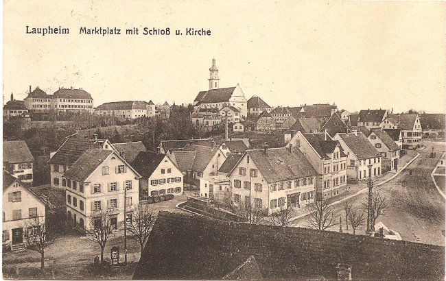 Laupheim, Marktplatz mit Schloß u. Kirche (Vorderseite der Ansichtskarte)