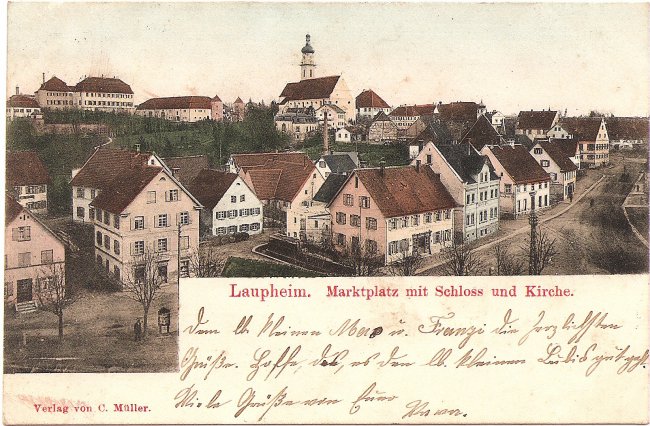 Laupheim, Marktplatz mit Schloss und Kirche (Vorderseite der Ansichtskarte)