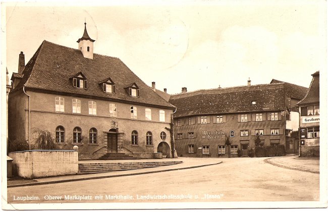 Laupheim, Oberer Marktplatz mit Markthalle, Landwirtschaftsschule u. \