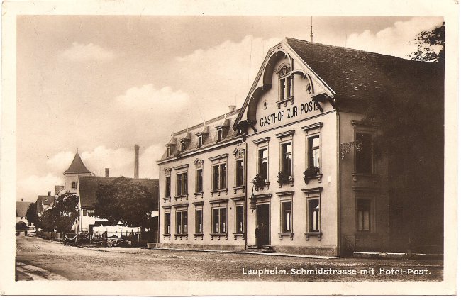 Laupheim, Schmidstraße mit Hotel Post (Vorderseite der Ansichtskarte)