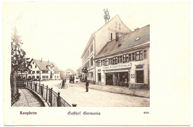 Laupheim, Gasthof Germania (Vorderseite der Ansichtskarte)