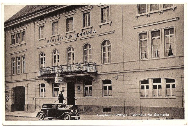 Laupheim (Wttbg.) - Gasthaus zur Germania (Vorderseite der Ansichtskarte)