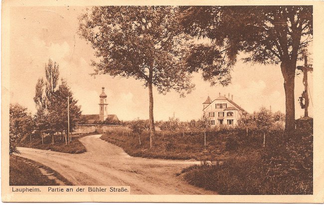 Laupheim, Partie an der Bühler Straße (Vorderseite der Ansichtskarte)