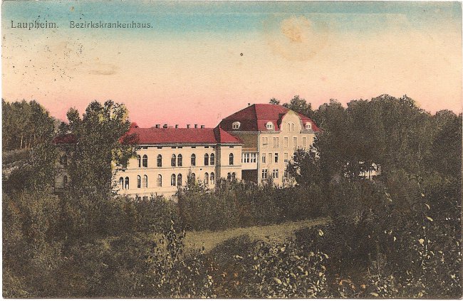 Laupheim, Bezirkskrankenhaus (Vorderseite der Ansichtskarte)