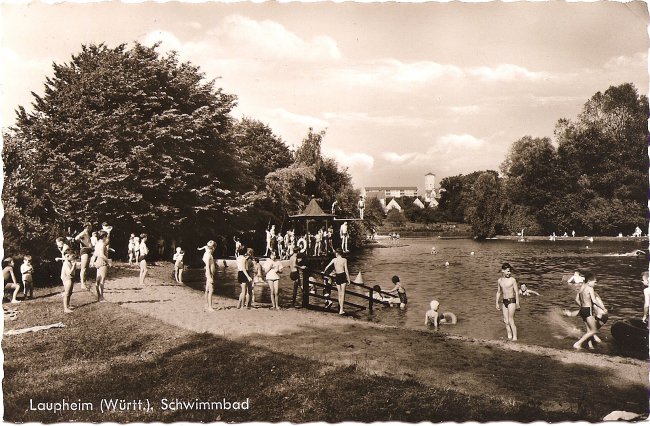 Laupheim (Württ.), Schwimmbad (Vorderseite der Ansichtskarte)