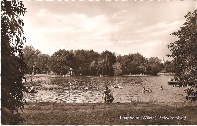 Laupheim (Württ.), Schwimmbad (Vorderseite der Ansichtskarte)