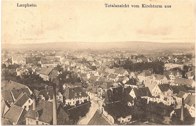 Laupheim, Totalansicht vom Kirchturm aus (Vorderseite der Ansichtskarte)