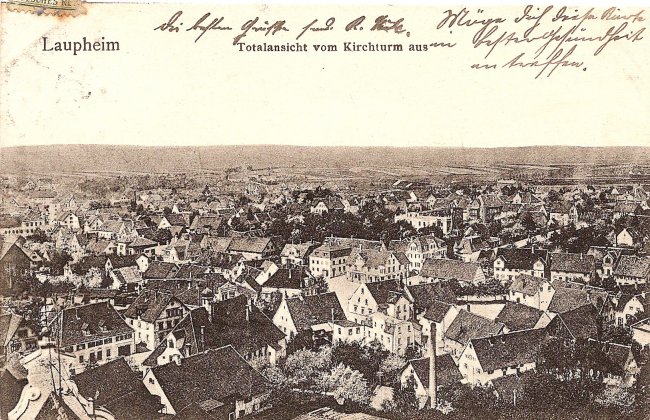 Laupheim, Totalansicht vom Kirchturm aus (Vorderseite der Ansichtskarte)