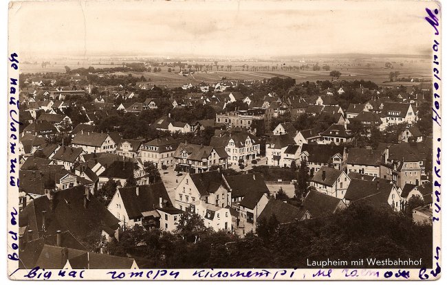 Laupheim mit Westbahnhof (Vorderseite der Ansichtskarte)