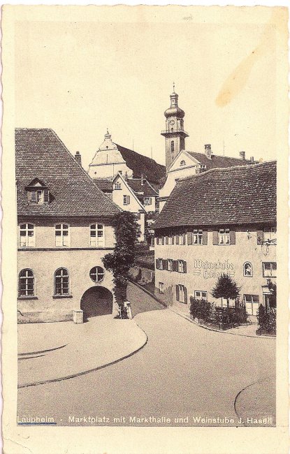 Laupheim - Marktplatz mit Markthalle und Weinstube J. Hasen (Vorderseite der Ansichtskarte)