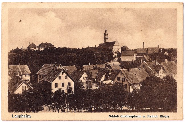 Laupheim Schloß Großlaupheim u. Kathol. Kirche (Vorderseite der Ansichtskarte)