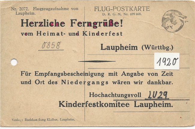 Flugzeugaufnahme von Laupheim (Rückseite der Ansichtskarte)