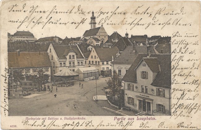 Partie aus Laupheim. Marktplatz mit Schloss u. Stadtpfarrkirche (Vorderseite der Ansichtskarte)