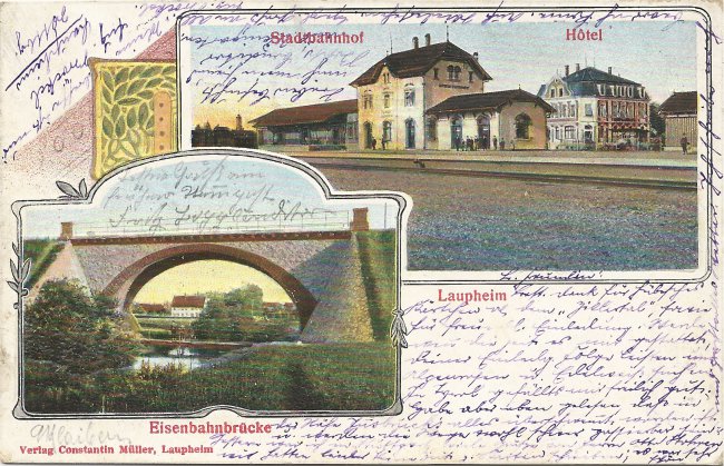 Laupheim, Stadtbahnhof, Eisenbahnbrücke (Vorderseite der Ansichtskarte)