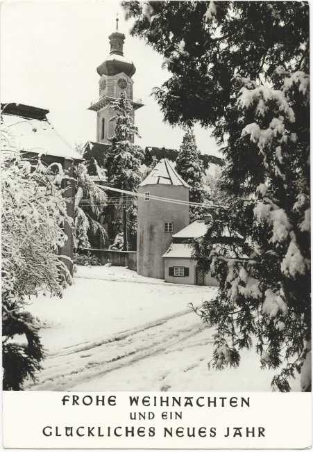 Glückwunschkarte Schloss Grosslaupheim Peter u. Paul-Kirche (Vorderseite der Ansichtskarte)