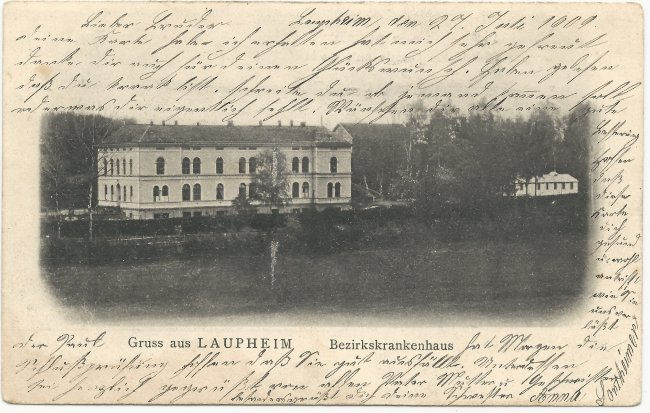 Gruss aus Laupheim Bezirkskrankenhaus (Vorderseite der Ansichtskarte)