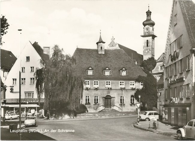 Laupheim (Württ.). An der Schranne (Vorderseite der Ansichtskarte)