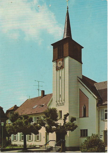 Ev. Kirche 7958 Laupheim (Vorderseite der Ansichtskarte)