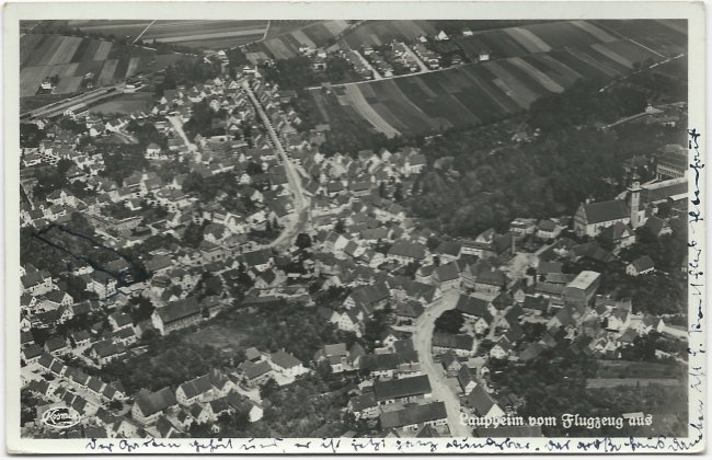 Laupheim vom Flugzeug aus (Vorderseite der Ansichtskarte)