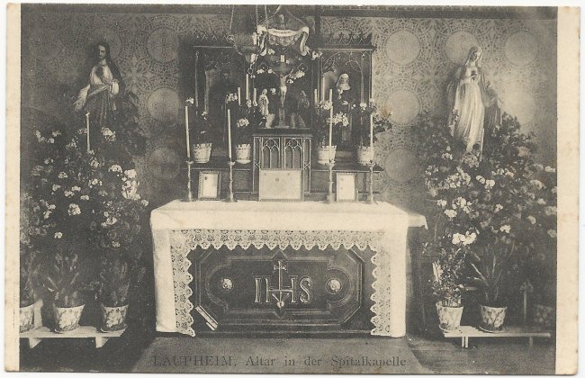 Laupheim, Altar in der Spitalkapelle (Vorderseite der Ansichtskarte)