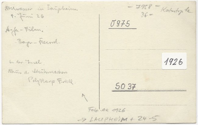 Hochwasserkatastrophe 1926 (Rückseite der Ansichtskarte)