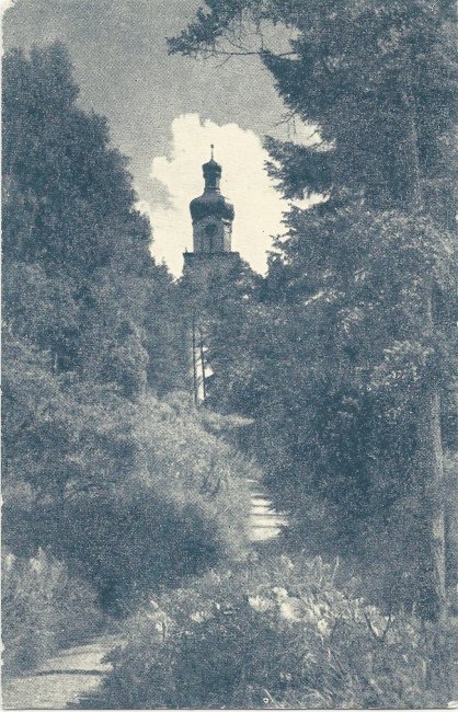 Laupheim Kath. Stadtpfarrkirche mit Schloßpark (Vorderseite der Ansichtskarte)