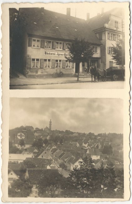 Bäckerei Halder / Rabenstraße mit neuem Schulhaus (Vorderseite der Ansichtskarte)