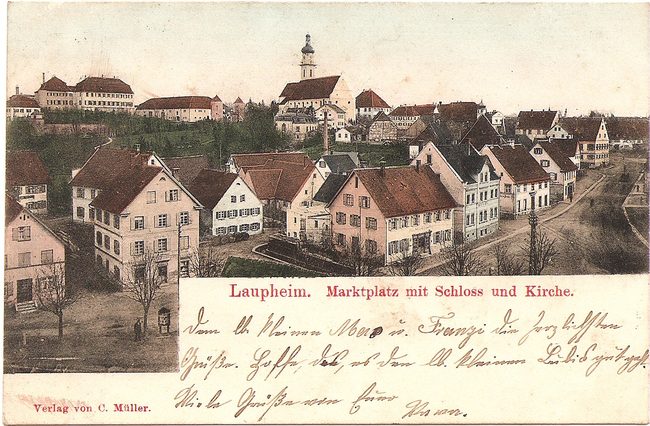 Laupheim, Marktplatz mit Schloss und Kirche – Vorderseite